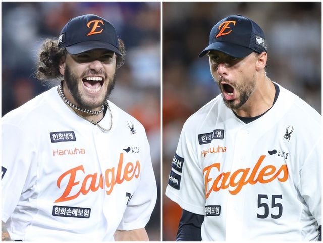 한화 외국인투수 코디 폰세(왼쪽)와 라이언 와이스는 17일까지 올 시즌 431탈삼진을 합작했다. 폰세가 236개를, 와이스가 195개를 수확했다. 와이스가 남은 등판에서 5개의 삼진을 추가하면 KBO 최초로 ‘한 팀에서 두 명의 200탈삼진 투수’가 탄생하게 된다. 사진제공｜한화 이글스