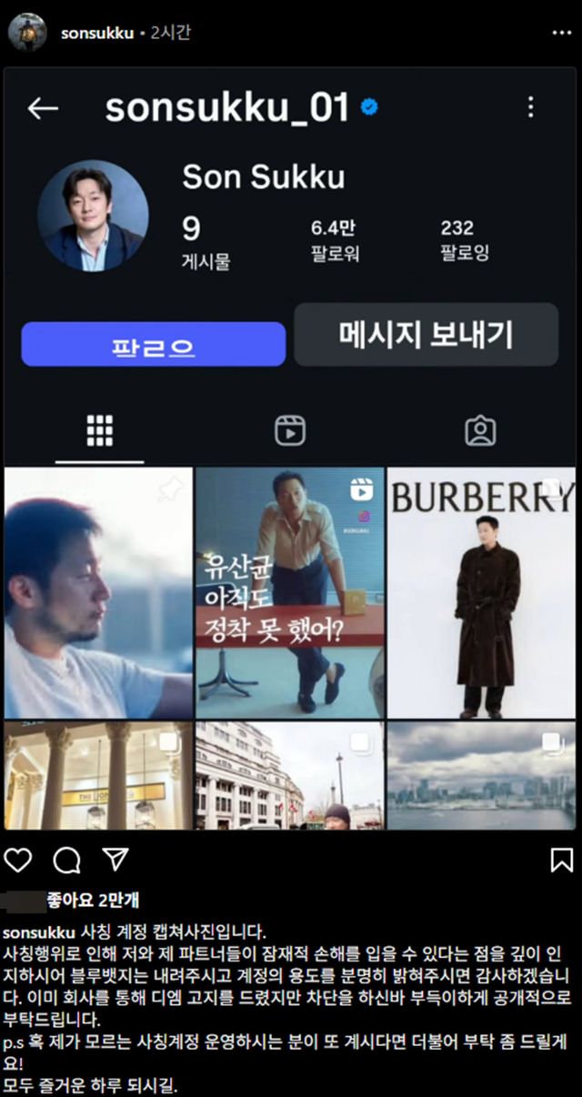 손석구가 자신 계정에 캡처해 올린 사칭 계정 페이지 화면. 사진｜손석구 인스타그램