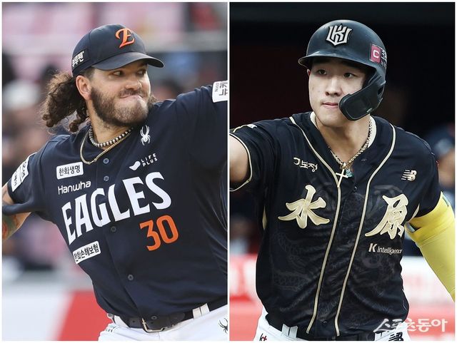 KT가 20일 수원KT위즈파크에서 열린 한화전에서 코디 폰세(왼쪽)에게 처음 패전을 안겼다. 안현민(오른쪽)이 그를 상대로 4타점을 낸 게 주효했다. 사진제공｜한화 이글스·KT 위즈