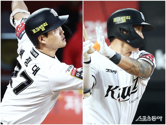 KT 배정대(왼쪽)와 김민혁이 23일 수원 키움전을 앞두고 1군 엔트리에 등록됐다. 사진제공｜KT 위즈