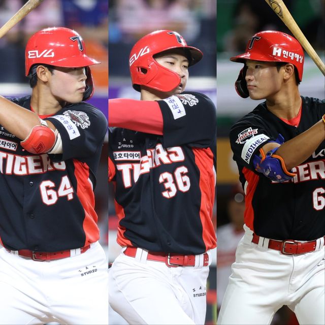 KIA는 남은 시즌 어린 외야수인 정해원, 박재현, 박헌(왼쪽부터)에게 기회를 주며 그들의 성장을 이끌어내려 한다. 사진제공｜KIA 타이거즈
