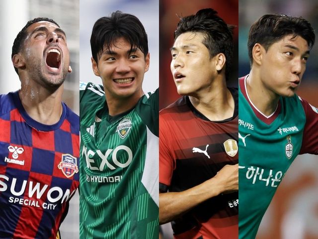 정규리그 31경기를 치른 가운데, K리그1 득점 순위는 수원FC 싸박, 전북 전진우, 포항 이호재, 대전하나 주민규(왼쪽부터)의 순으로 많다. 리그 2경기와 파이널 라운드 5경기에서 충분히 요동칠 수 있다. 사진제공｜한국프로축구연맹