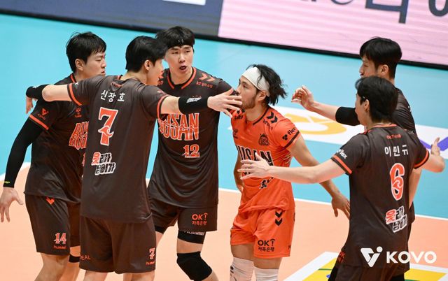 V리그 남자부 OK저축은행은 2025~2026시즌 개막을 앞두고 ‘봄배구 전도사’ 신영철 감독을 선임했다. 신 감독 체제에서 OK저축은행은 이달 20일 여수 진남체육관에서 끝난 KOVO컵 남자부에서 준우승을 차지하며 새 시즌 희망을 밝혔다. 사진은 대한항공과 결승 도중 득점한 뒤 기뻐하는 선수들. 사진제공│KOVO