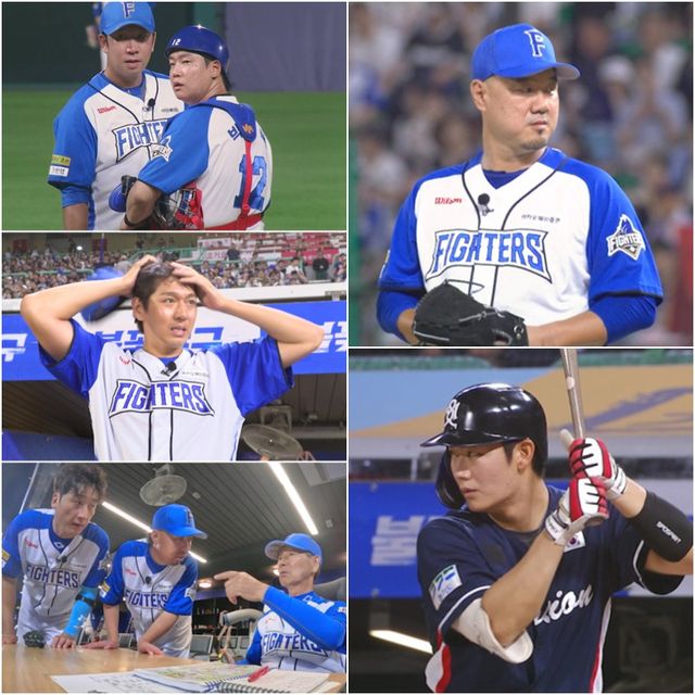 야구 예능 ‘불꽃야구’ 19화에서 현(現) 파이터즈 신재영,송승준과 전(前) 파이터즈 윤상혁이 맞붙으며, 시즌 첫 패배 위기에 몰린 파이터즈의 치열한 승부가 그려진다. 김성근 감독의 용병술과 윤상혁의 스파이 활약 속, 파이터즈가 위기를 넘어설 수 있을지 관심이 쏠린다. 사진제공|스튜디오C1