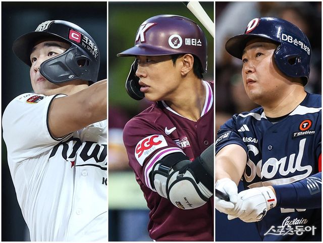 KT 안현민, 키움 송성문, 두산 양의지(왼쪽부터)가 올 시즌 가공할 만한 공격력을 뽐내고 있다. 이들 3명은 외국인타자들을 제칠 정도로 뛰어난 공격력을 선보인 건 물론, 클러치 상황에서도 출중한 타격을 선보였다. 사진제공｜KT 위즈·키움 히어로즈·두산 베어스