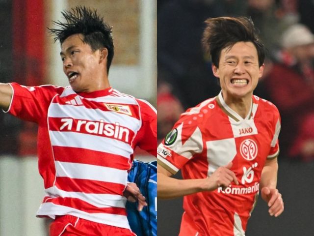 우니온 베를린 정우양(왼쪽)이 11일(한국시간) 끝난 마인츠와 홈경기서 시즌 첫 골을 터트렸다. 마인츠 이재성은 어시트를 기록했다. AP뉴시스