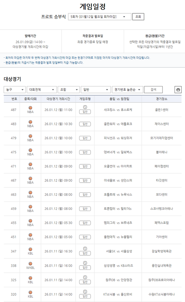 스포츠토토 프로토 승부식&nbsp;5회차 농구 게임 안내.