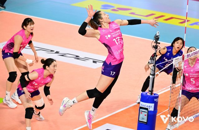 흥국생명 레베카(17번)가 14일 인천삼산월드체육관서 열린 한국도로공사와 V리그 여자부 홈경기서 스파이크 공격을 하고 있다. 사진제공｜KOVO
