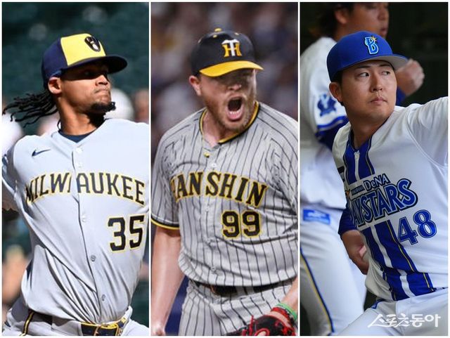 엘빈 로드리게스, 제레미 비슬리, 쿄야마 마사야(왼쪽부터)가 롯데의 구속 혁명에 힘을 보탤지 관심이 쏠리고 있다. 사진제공｜롯데 자이언츠
