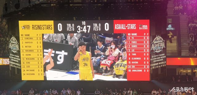 B리그 올스타 위크앤드 2026 인 나가사키가 16일 일본 나가사키 해피니스 아레나에서 열렸다. 경기 시작에 앞서 양팀 선수들을 소개하는 경기장 정관판. 이현중은 5번, 양재민은 6번을 달고 코트에 나섰다. 나가사키｜최용석 기자