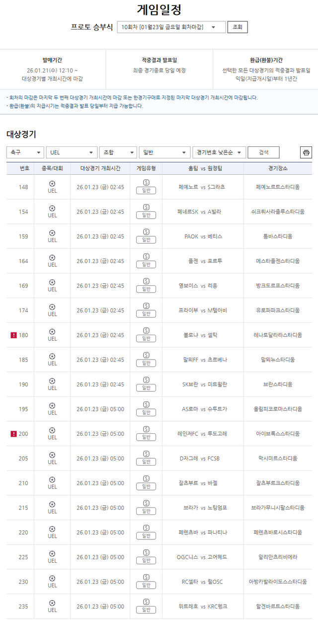 프로토 10회차, UEFA 유로파리그 리그 페이즈 대상 일반 게임 정보.