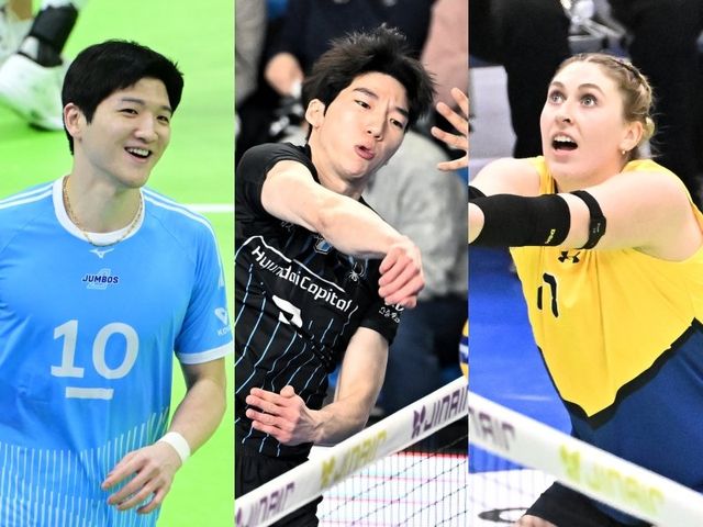 V리그 정규리그가 올스타전 휴식기로 잠시 숨을 고르고 있는 가운데, 후반기 순위 싸움의 관건은 주축들의 컨디션이다. 대한항공 정지석, 현대캐피탈 허수봉, 현대건설 카리 가이스버거(왼쪽부터). 사진제공｜KOVO