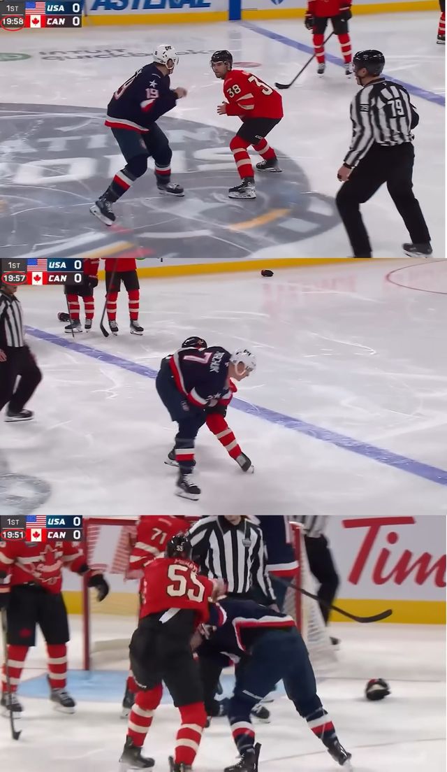지난해 4개국 친선대회서 집단 난투극을 벌이는 미국과 캐나다 아이스하키 선수들. 영상캡처｜뉴시스