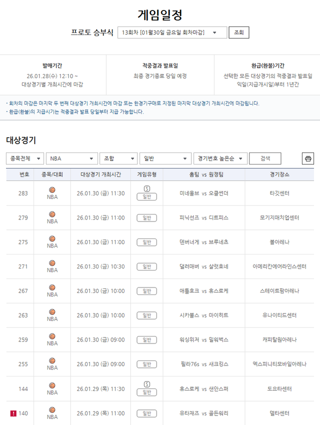 프로토 승부식&nbsp;13회차 NBA 대상 경기 정보.