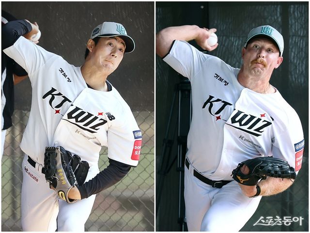 KT 아시아쿼터 선수 스기모토 코우키(왼쪽)와 외국인 선수 맷 사우어가 31일 호주 질롱 베이스볼 센터에서 열린 스프링캠프 도중 불펜피칭을 소화하고 있다. 사진제공｜KT 위즈