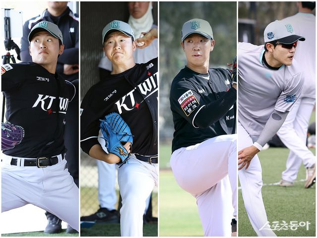 KT 전용주, 권성준, 고준혁, 임준형(왼쪽부터)이 팀의 좌완 갈증을 해소하기 위해 구슬땀을 흘리고 있다. 사진제공｜KT 위즈