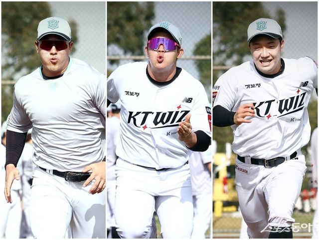 KT 안현민, 안인산, 김건휘(왼쪽부터)가 29일 호주 질롱 베이스볼 센터에서 열린 스프링캠프 도중 주루 훈련을 소화하고 있다.&nbsp;사진제공｜KT 위즈
