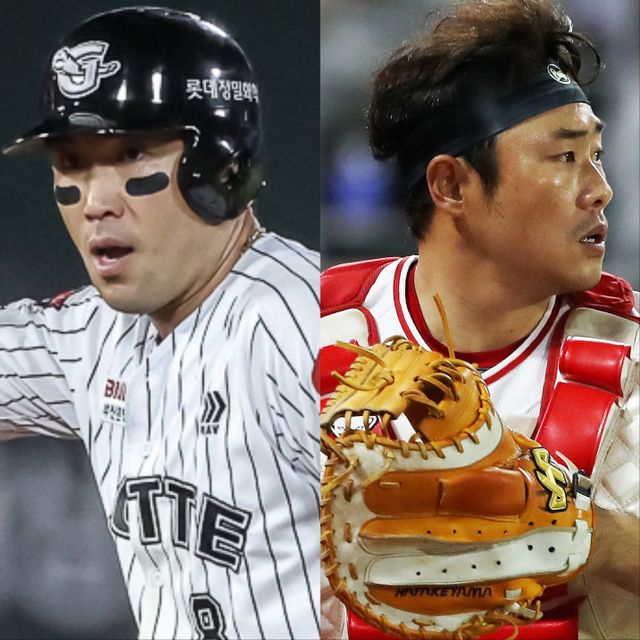 롯데 전준우(왼쪽)와 SSG 이지영은 1986년생으로 올해 40대에 접어들었다. 둘은 경쟁력을 유지하며 베테랑으로서 자존심을 지키려 한다. 사진제공｜롯데 자이언츠·SSG 랜더스