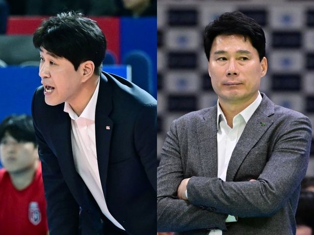 도로공사 김종민 감독(왼쪽)과 현대건설 강성형 감독은 7일 김천체육관서 열릴 맞대결을 앞두고 빠듯한 경기 준비 기간에 걱정을 표했다. 사진제공｜KOVO