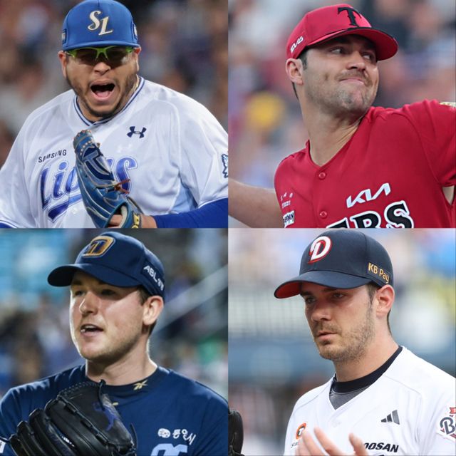 2026시즌 KBO리그 최고 외국인 투수 타이틀에 도전하는 삼성 아리엘 후라도, KIA 제임스 네일, NC 라일리 톰슨, 두산 잭로그(왼쪽부터 시계방향). 사진제공｜삼성 라이온즈·KIA 타이거즈·NC 다이노스·두산 베어스