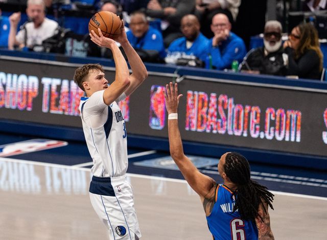 Dallas Mavericks forward Cooper Flagg shoots over Oklahoma City Thunder forward Jaylin Williams during the second half of an NBA basketball game Wednesday, Oct. 28, 2026, in Dallas. (AP Photo/Jeffrey McWhorter)