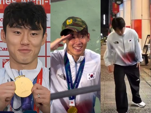 아시안게임 남자축구 금메달을 획득한 U-23 대표팀 일부 선수가 병역특례와 관련해 경솔한 언행으로 도마에 올랐다. “군대 안 갑니다”라고 발언한 이기혁과 전역모를 쓴 박승수, 발목을 절뚝이는 세리머니로 일부 네티즌의 오해를 산 최우진(왼쪽부터). 사진출처｜SPOTV 중계 화면 캡처·박승수·최우진 SNS