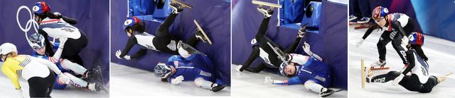 쇼트트랙대표팀 김길리(오른쪽 위)가 10일(한국시간) 밀라노 아이스스케이팅 아레나서 열린 밀라노동계올림픽 2000m 혼성계주 레이스 도중 미끄러진&nbsp;코린 스토다드(미국)와 충돌해 넘어지고 있다. 마지막 사진은 넘어진 김길리에게 배턴을 넘겨받는 최민정(왼쪽). 밀라노ㅣ뉴시스