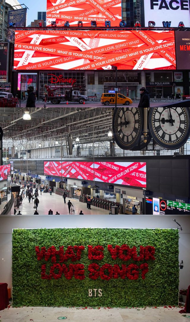 “WHAT IS YOUR LOVE SONG?” 방탄소년단이 전 세계에 질문을 던졌다. 뉴욕 타임스퀘어, 런던 워털루역, 서울 코엑스에 신보 프로모션이 설치돼 있다(위부터). 사진제공｜빅히트 뮤직