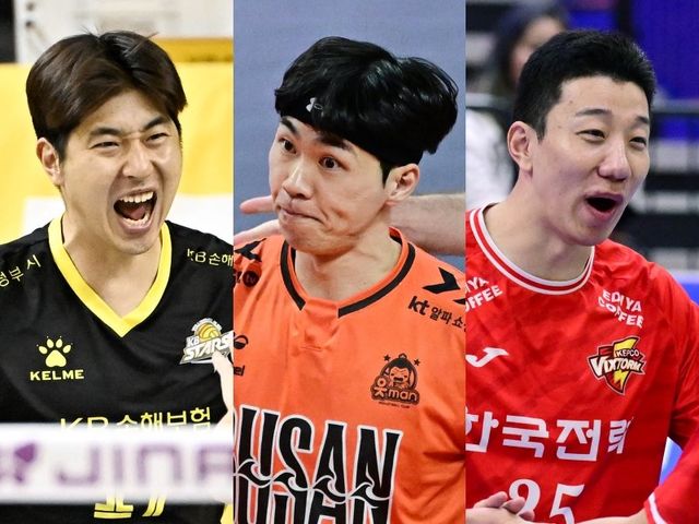 KB손해보험 박상하, OK저축은행 전광인, 한국전력 신영석(왼쪽부터)은 적지 않은 나이에도 꾸준한 기량으로 팀의 상위권 경쟁에 앞장서고 있다. 사진제공｜KOVO