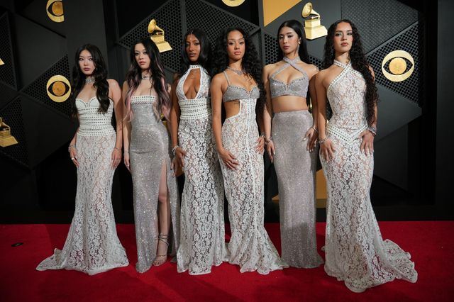 Yoonchae, from left, Megan Skiendiel, Lara Raj, Manon Bannerman, Sophia Laforteza, and Daniela Avanzini of KATSEYE arrive at the 68th annual Grammy Awards on Sunday, Feb. 1, 2026, in Los Angeles. (Photo by Jordan Strauss/Invision/AP)