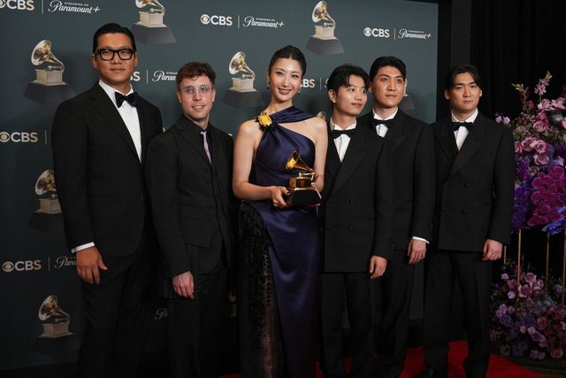 The team from “KPop Demon Hunters” pose in the press room with the award for best song written for visual media for “Golden” during the 68th annual Grammy Awards on Sunday, Feb. 1, 2026, in Los Angeles. (Photo by Richard Shotwell/Invision/AP)