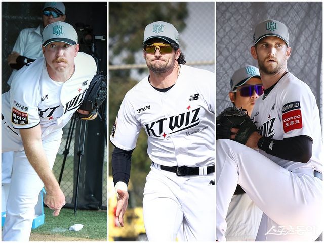 KT의 새 외국인 선수 맷 사우어, 샘 힐리어드, 케일럽 보쉴리(왼쪽부터)가 남다른 케미스트리를 보이고 있다. 사진제공｜KT 위즈