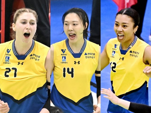 카리, 양효진, 자스티스(왼쪽부터)의 고른 득점력이 현대건설의 시즌 후반기 상승세를 이끌고 있다. 사진제공｜KOVO