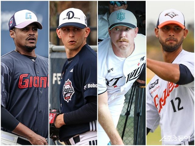 이번 스프링캠프서는 롯데 엘빈 로드리게스, 두산 크리스 플렉센, KT 맷 사우어, 한화 윌켈 에르난데스(왼쪽부터) 등 구위형 외국인 투수의 활약이 이어지고 있다. 사진제공｜롯데 자이언츠·두산 베어스·KT 위즈·한화 이글스