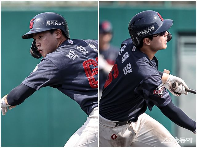 롯데 박찬형(왼쪽), 한태양이 23일 일본 미야자키 히나타히무카스타디움서 열린 요미우리 2군과 연습경기서 타격하고 있다. 사진제공｜롯데 자이언츠