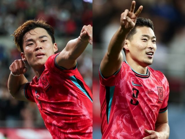 ‘홍명보호’ 최전방을 놓고 오현규(왼쪽)와 조규성이 마지막 경쟁에 나선다. 코트디부아르~오스트리아와 3월 유럽 원정 A매치 2경기를 통해 2026북중미월드컵 본선 주전 원톱의 윤곽이 드러날 것으로 보인다. 사진제공｜대한축구협회