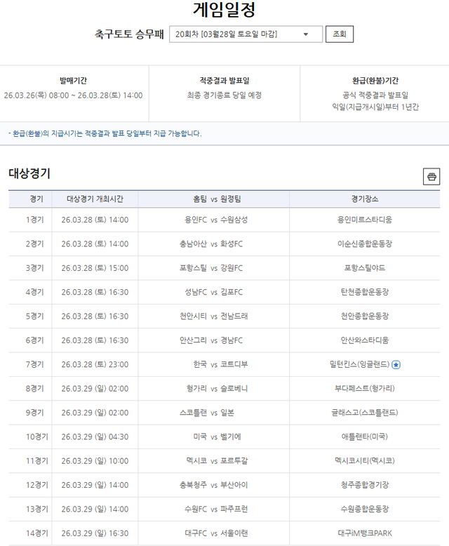 축구토토 승무패 20회차 대상경기 정보.