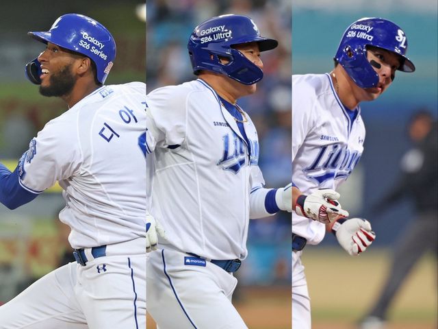 삼성은 르윈 디아즈, 최형우, 김영웅(왼쪽부터)으로 2026시즌 중심타선을 구축하려고 한다. 사진제공｜삼성 라이온즈