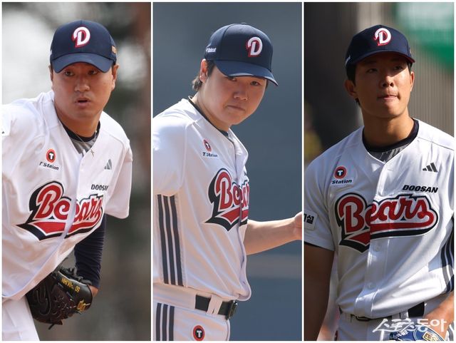 두산 이영하, 최승용, 최민석(왼쪽부터)이 선발 두 자리를 다투고 있다. 사진제공｜두산 베어스
