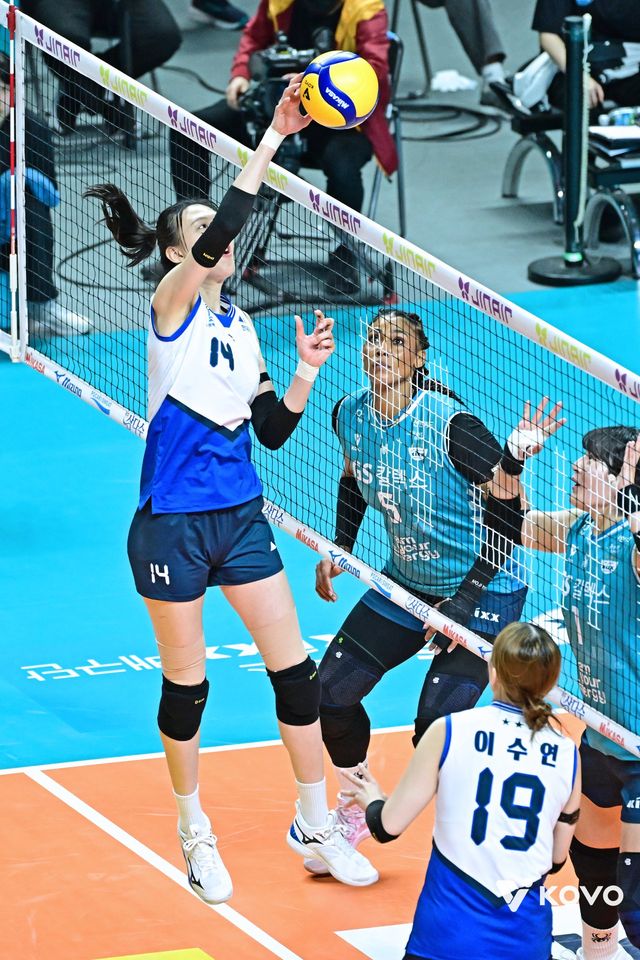 현대건설 미들블로커 양효진(14번)이 이번 시즌 V리그 여자부 정규리그에서 GS칼텍스를 상대로 속공을 시도하는 모습. 사진제공｜KOVO