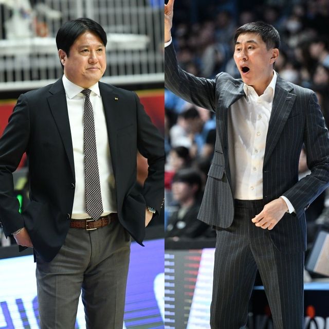 6강 PO 진출 경쟁을 벌이는 KCC와 KT가 27일 부산 사직체육관서 정규리그 6라운드 맞대결을 벌인다. 26일까지 KCC는 25승24패로 6위, KT는 23승26패로 7위에 올라 있다. 사진은 이상민 KCC 감독(오른쪽)과 문경은 KT 감독. 사진제공｜KBL