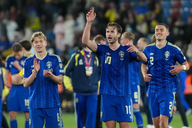 스웨덴 선수들이 27일(한국시간) 스페인 발렌시아서 열린 우크라이나와 북중미월드컵 유럽PO 패스 B 1차전에서 승리한 뒤 팬들과 기쁨을 나누고 있다. 발렌시아｜AP뉴시스