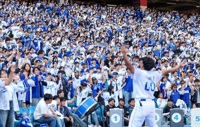 2만4000명의 만원 관중이 들어찬&nbsp;28일 대구 롯데-삼성전서 팬들이 응원을 하고 있다. 대구｜뉴시스