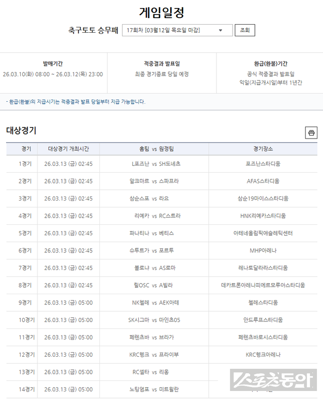 축구토토 승무패 17회차 대상경기.