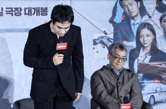 [서울=뉴시스] 김혜진 기자 = 배우 배성우가 9일 오전 서울 용산구 CGV용산아이파크몰에서 열린 영화 ‘끝장수사’ 제작보고회에서 입장을 말하고 있다. 2026.03.09. jini@newsis.com