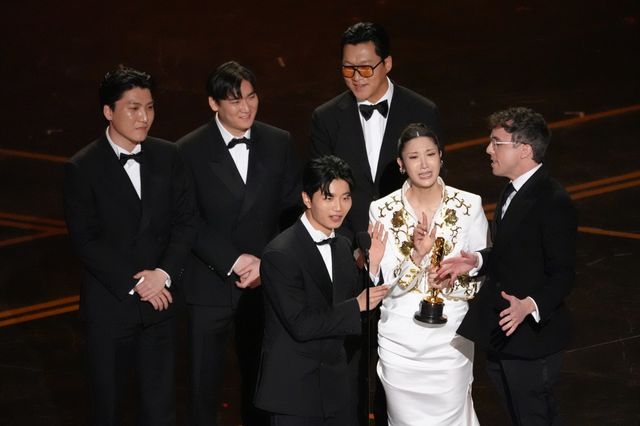 Joong Gyu Kwak, from left, Yu Han Lee, Hee Dong Nam, EJAE, center, Jeong Hoon Seo, Mark Sonnenblick accept the award for best original song for ‘Golden’ from “K-Pop Demon Hunters” during the Oscars on Sunday, March 15, 2026, at the Dolby Theatre in Los Angeles. (AP Photo/Chris Pizzello)