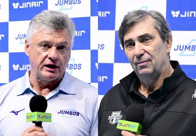 대한항공과 현대캐피탈은 10일 오후 7시 인천 계양체육관에서 ‘진에어 2025~2026 V리그’ 남자부 챔피언결정전(5전 3선승제) 5차전을 치른다. 헤난 달 조토 대한항공 감독(왼쪽)과 필립 블랑 현대캐피탈 감독. 사진제공｜KOVO