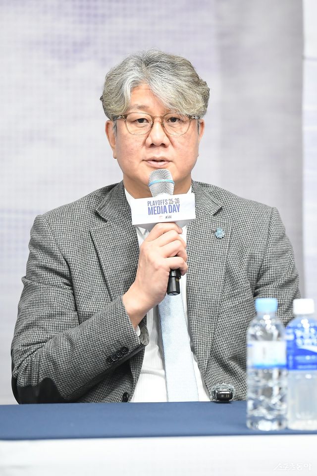 손창환 소노 감독이 10일 KBL센터서 열린 플레이오프 미디어데이서 포부를 전하고 있다. 사진제공｜KBL