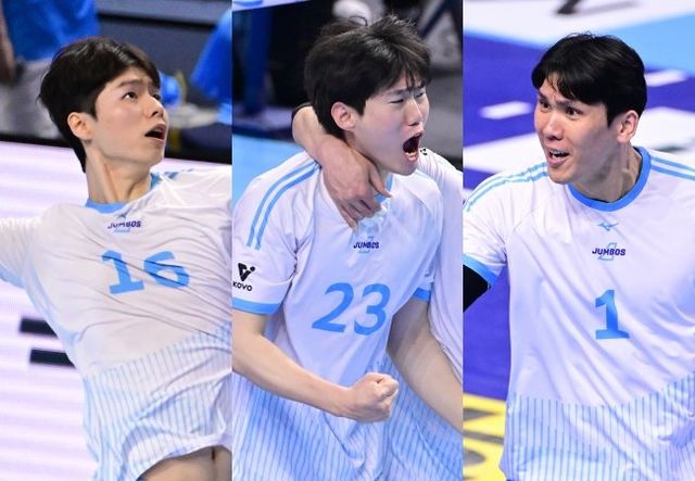 대한항공의 통합 우승에는 확실한 조연들의 역할이 있었다. 정한용, 김민재, 김규민(왼쪽부터)은 팀이 흔들릴 때마다 존재감을 발휘하며 위기를 극복하는 데 힘을 보탰다. 사진제공｜KOVO