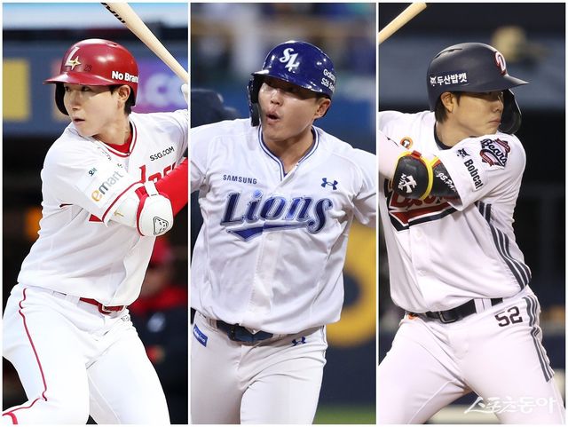 SSG 박성한, 삼성 류지혁, 두산 박준순(왼쪽부터)의 타격감이 예사롭지 않다. 이들 3명은 4할 이상의 고타율로 시즌 초반 판도를 지배하고 있다. 사진제공｜SSG 랜더스·삼성 라이온즈·두산 베어스